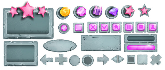 Game vector UI stone button set, interface rock icons, vector gray boulder sign board, menu elements. Mobile app collection, arrow, cross, star, crystal, coin, present. Game buttons, cracked frame