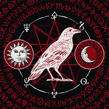 Hand-drawn Illustration Of A Sorcery White Raven On A Black Background With Sun, Moon, Red Magic Runes And Occult Symbols Written In A Circle. Vector Witchcraft Banner With An Unusual White Crow