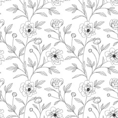  Seamless pattern peony floral hand drawn illustration..