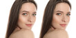 Photo before and after retouch, collage. Portrait of beautiful young woman on white background, banner design