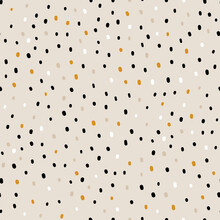 Vector Abstract Cute Hand Drawn Seamless Pattern With A Irregular Dots On A Beige Background. Pastel Baby Texture Ideal For Fabric, Wallpaper, Wrapping Paper, Card, Layout. Delicate Children's Print.