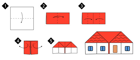 Aufkleber - Step by step how to make origami house. Vector blzck line color instructions illustration. Home DIY.