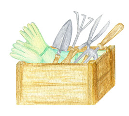 Watercolor Wooden box with gardening tools. Spring time in the garden. Isolated illustration on white background. Agriculture tool box