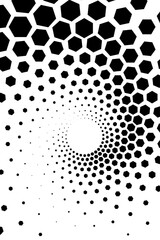 Wall Mural - Abstract Black and White Geometric Pattern with Hexagons. Spiral-like Spotted Tunnel. Contrasty Halftone Optical Psychedelic Illusion. Raster. 3D Illustration