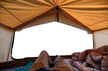 Wall Mural - Traveler man relaxing inside of yellow tent and empty scene entrance in vacation