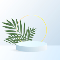 Wall Mural - Abstract minimal product display with green plant leaves presentation in blue background ,podium display minimal, illustration 3d Vector EPS 10