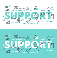Thin line abstract web design for call center technical online help and assist with tech problems, mobile website banners. Support word vector illustration set
