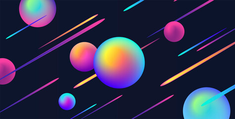 Wall Mural - Abstract background with bright neon lights and fluorescent spheres on dark space background