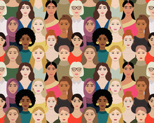 Seamless Pattern Of Female Multinational Diverse Faces. International Womens Day Pattern. Female Empowerment Poster. Hand Drawn Vector Illustration Of Faces Of Women.
