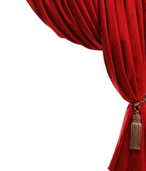 beautiful bright red curtain with tassel isolated on white