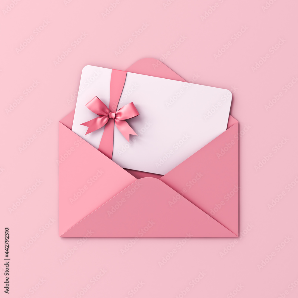 Blank white gift card with pink ribbon bow in pink envelope isolated on ...
