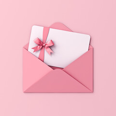 Wall Mural - Blank white gift card with pink ribbon bow in pink envelope isolated on pink pastel color background with shadow minimal concept 3D rendering