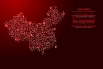 Fototapete - China map from red and glowing stars icons pattern set of SEO analysis concept or development, business. Vector illustration.