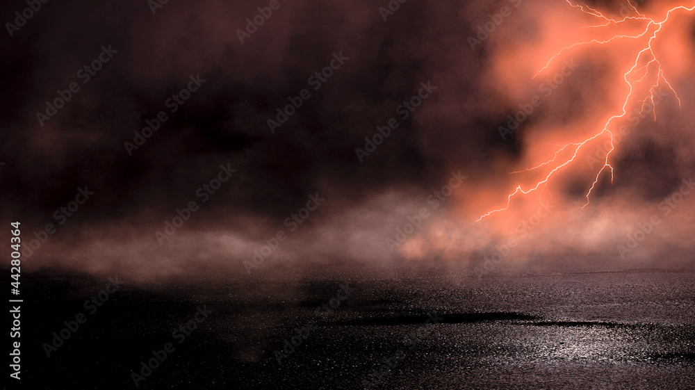 Dramatic background of the night sky, thunderstorm, lightning. Smoke, fog, smog against the background of the city landscape. Natural night landscape, night sky, wet asphalt, puddles. - obrazy, fototapety, plakaty 