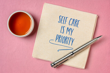 Sticker - self care is my priority  inspirational reminder - handwriting on a napkin, lifestyle and health concept