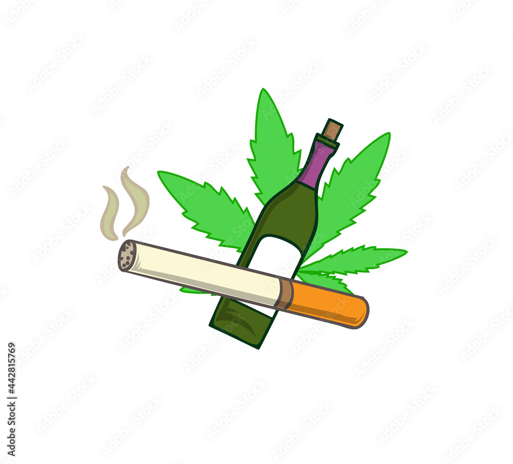 Stockvector Drugs icon. Cigarette, alcohol and marijuana in line art style.  Vector illustration