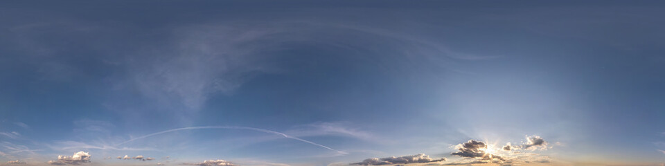 Wall Mural - clear blue sky with white beautiful clouds. Seamless hdri panorama 360 degrees angle view  with zenith for use in 3d graphics or game development as sky dome or edit drone shot