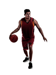 Wall Mural - Silhouette of professional sportsman playing basketball on white background