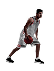 Wall Mural - Silhouette of professional sportsman playing basketball on white background