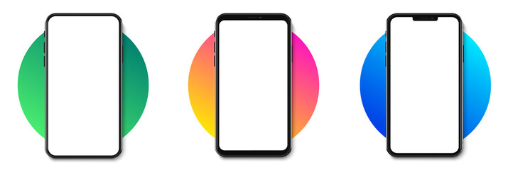 Realistic smartphone mockup devices on colored circle background. Blank, empty screen