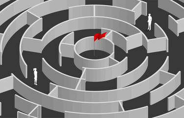 Poster - Silhouette of businessman and businesswoman standing in circle maze game. Business concept for problem solving and finding idea.