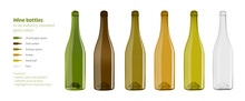 Empty Wine Bottle Set With Low Shoulders In Six Industry Standard Glass Colors