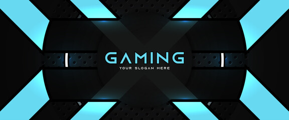 Poster - Futuristic black and blue gaming banner design template with metal technology concept. Vector illustration for business corporate promotion, game header social media, live streaming background