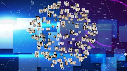 Poster - Globe of profile icons spinning against square shape design on blue background