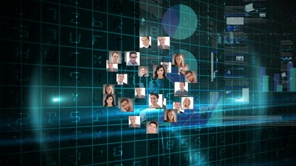 Poster - Globe of profile icons spinning against digital interface with data processing on black background
