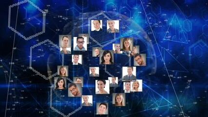 Poster - Globe of profile icons spinning against hexagonal shapes and light trails on blue background