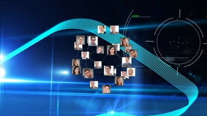 Poster - Scope scanning over globe of profile icons against light trails and spot of light on blue background