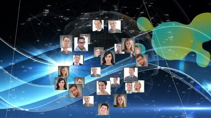 Poster - Network of profile icons against light trails and spinning globe on blue background