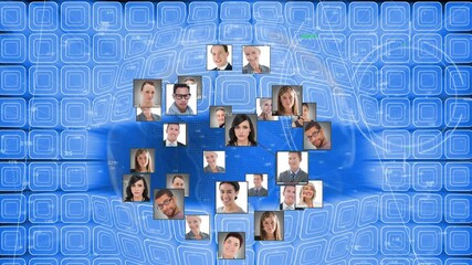 Poster - Scope scanning over globe of profile icons against square shape design on blue background