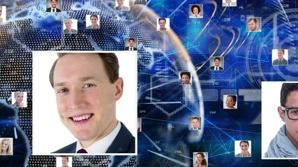 Poster - Network of profile icons against light trails and spinning globe on blue background