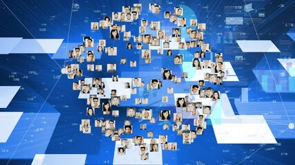 Poster - Globe of profile icons against data processing over square shape design on blue background