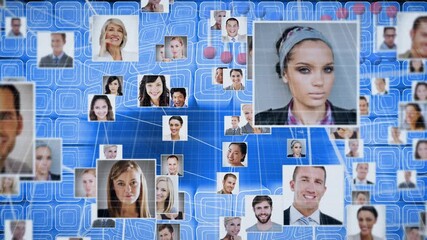 Poster - Network of profile icons and dna structure spinning against square shape design on blue background