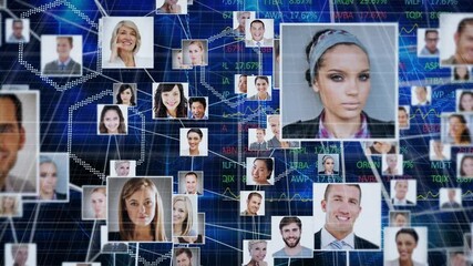 Poster - Network of profile icons over hexagonal shapes and stock market data processing on blue background