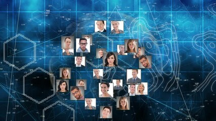 Poster - Globe of profile icons against topography and hexagonal shapes on blue background