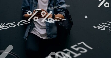 Poster - Multiple changing numbers and percentage icons floating against mid section of man using smartphone