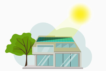 House with solar panels on the roof.  Concept of obtaining clean electric energy from renewable source of the sun. Vector illustration.