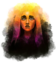 beautiful stylish art illustration of a girl or woman in depression and anxiety. Looks up from a black cloud of problems