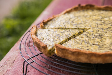 Quiche with spinach - traditional dish of french cuisine. Spinach  tart