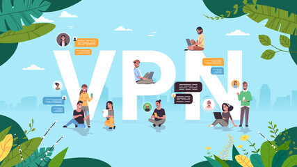 Poster - people using virtual private network vpn for communication cyber security and privacy concept