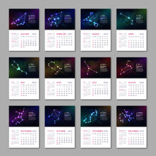 12 Month Of Year Wall Zodiac Calendar Template Set. 2022 Week Starts Sunday Calendar Scheduler, Planner, Stationery Organizer With Glowing Zodiac Constellations On Dark Blue Starry Background