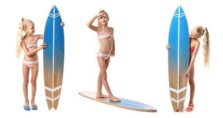 Wall Mural - Cute little girl with surfboard on white background