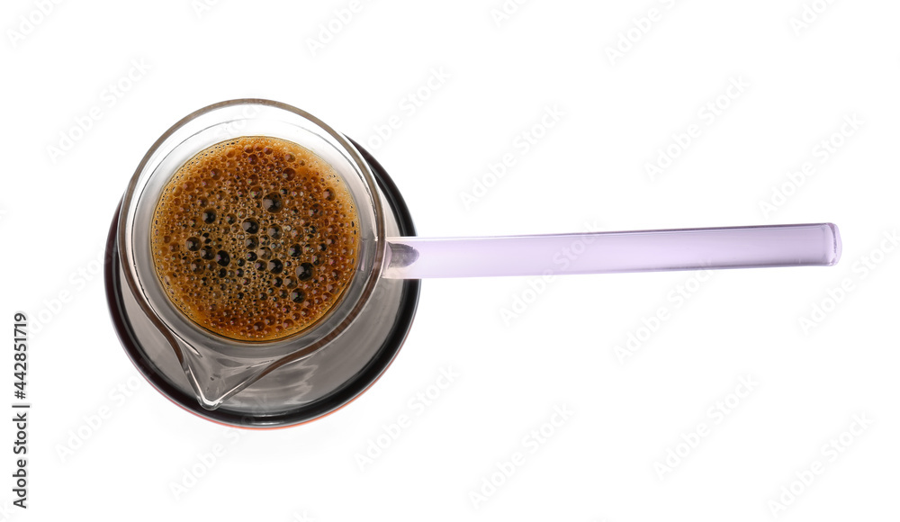 Pot with delicious turkish coffee on white background