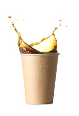 Splash of coffee in paper cup on white background