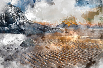 Wall Mural - digital watercolour painting of absolutely beautiful landscape images of holywell bay beach in cornw