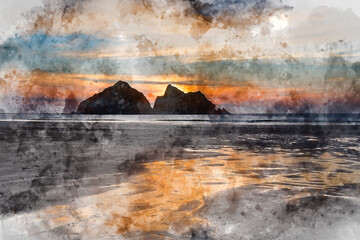 Wall Mural - digital watercolour painting of absolutely beautiful landscape images of holywell bay beach in cornw