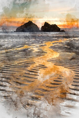Wall Mural - digital watercolour painting of absolutely beautiful landscape images of holywell bay beach in cornw